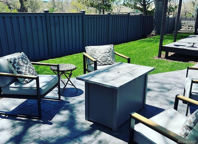 view of patio with a fenced backyard and an outdoor living space