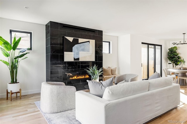 living room featuring a fireplace, a healthy amount of sunlight, and light wood-type flooring