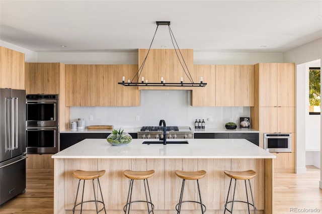 kitchen with sink, light hardwood / wood-style flooring, an island with sink, and appliances with stainless steel finishes