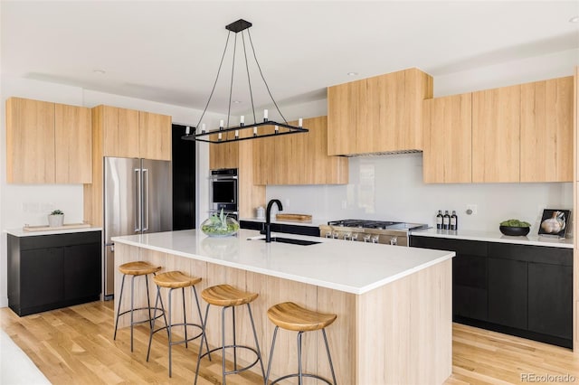 kitchen with light wood-type flooring, stainless steel appliances, sink, pendant lighting, and an island with sink