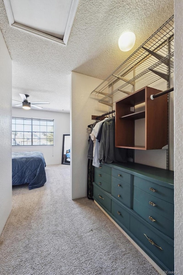 walk in closet with carpet floors and a ceiling fan