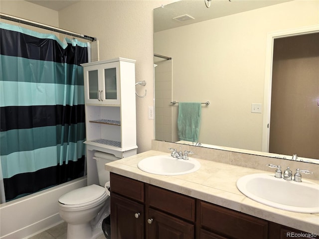 13626 Garfield St Unit A, Thornton, CO 80602 - full bath with double vanity, shower / bath combo with shower curtain, and tile patterned flooring