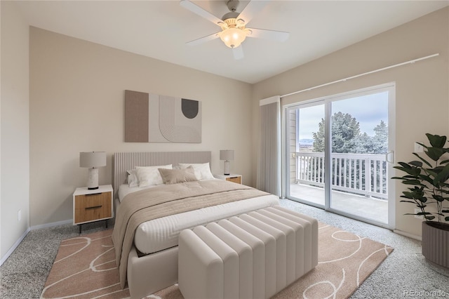 bedroom with access to exterior, ceiling fan, and carpet