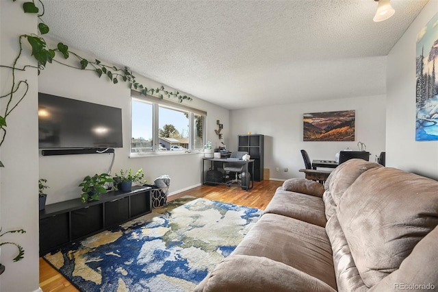 living area with wood finished floors, a textured ceiling, and baseboards