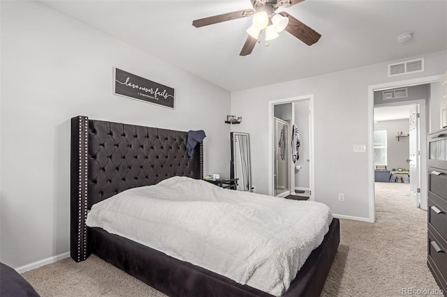 bedroom with visible vents, baseboards, a ceiling fan, and carpet flooring