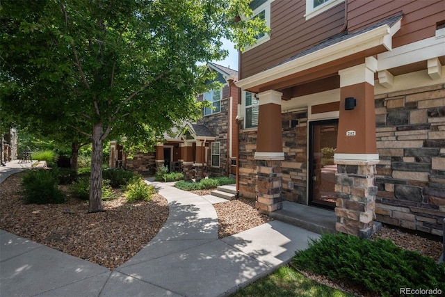 doorway to property with stone siding