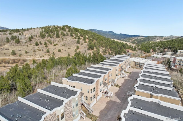 drone / aerial view featuring a mountain view