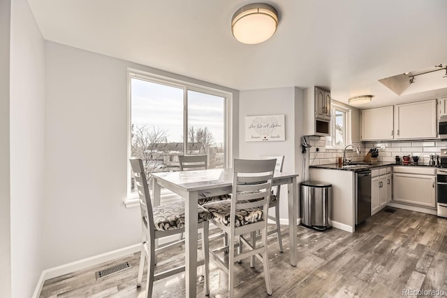 kitchen featuring sink, backsplash, stainless steel appliances, and dark hardwood / wood-style floors