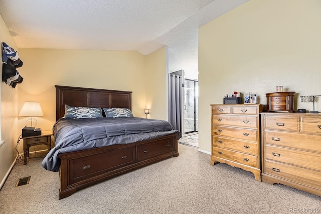 bedroom with lofted ceiling, light carpet, and a textured ceiling