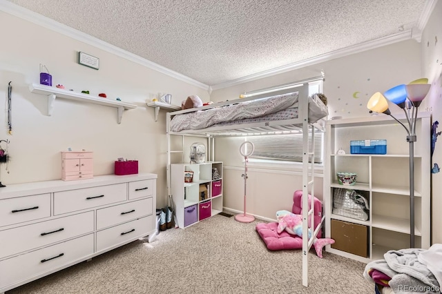 bedroom featuring ornamental molding, carpet, and a textured ceiling