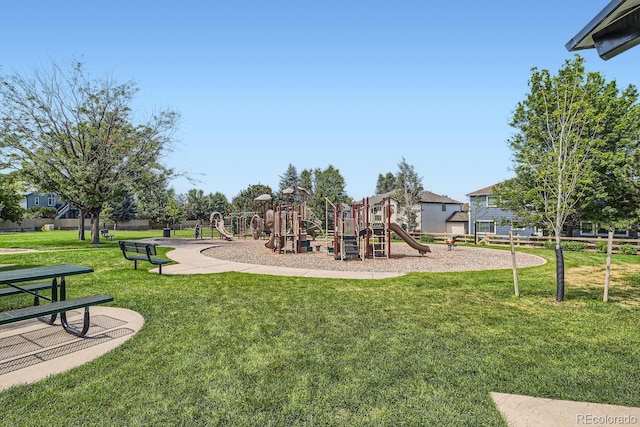 view of jungle gym featuring a yard