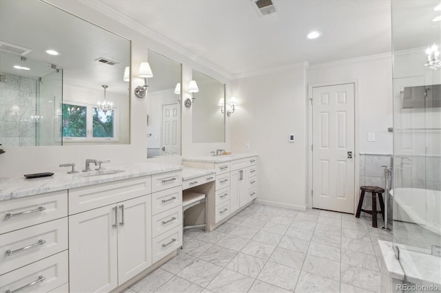 600 Vine St, Denver, CO 80206 - full bathroom with a chandelier, ornamental molding, two vanities, a freestanding tub, and marble finish flooring