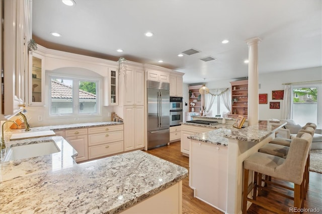 600 Vine St, Denver, CO 80206 - kitchen with appliances with stainless steel finishes, light wood-style flooring, a sink, light stone counters, and a kitchen breakfast bar