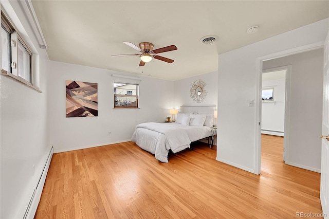 bedroom featuring light hardwood / wood-style flooring, a baseboard radiator, and ceiling fan