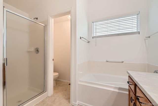 full bathroom featuring vanity, toilet, independent shower and bath, and tile patterned flooring