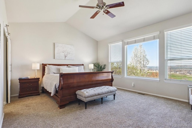 carpeted bedroom featuring ceiling fan, baseboards, visible vents, and lofted ceiling