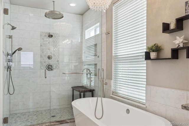 bathroom featuring a shower stall and a freestanding bath