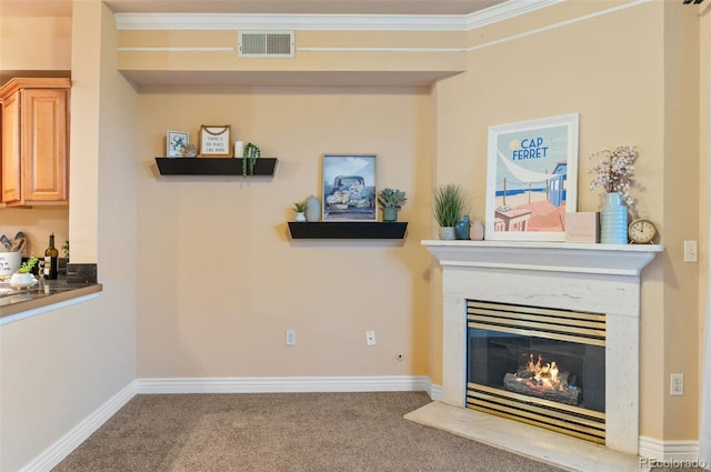 2154 Concord Ln, Superior, CO 80027 - carpeted living room featuring crown molding, a fireplace, and baseboards