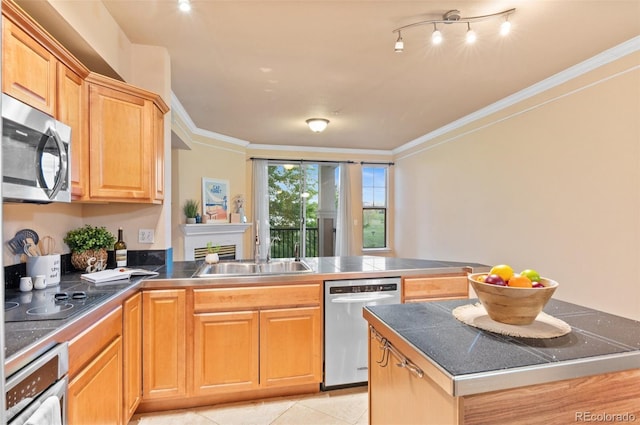 2154 Concord Ln, Superior, CO 80027 - kitchen with stainless steel appliances, a sink, a peninsula, light tile patterned flooring, and crown molding