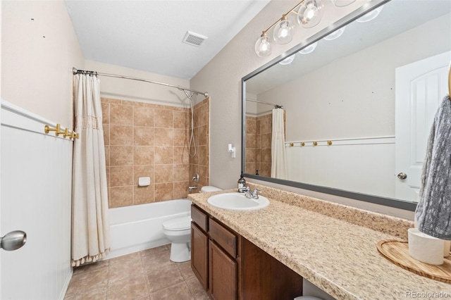 full bath with vanity, visible vents, shower / bath combo, tile patterned floors, and toilet