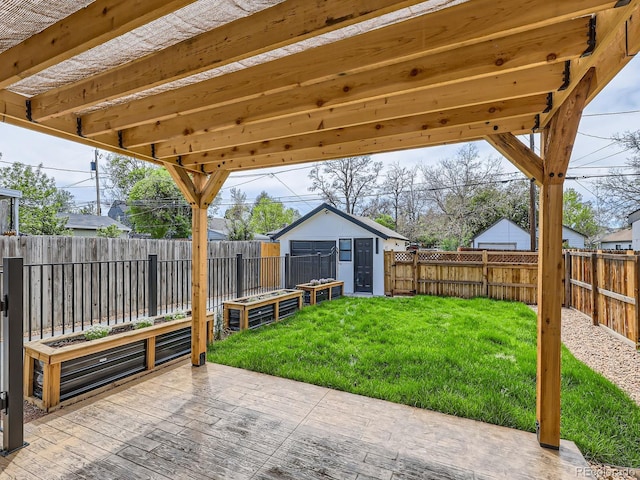 view of yard with a wooden deck and an outdoor structure
