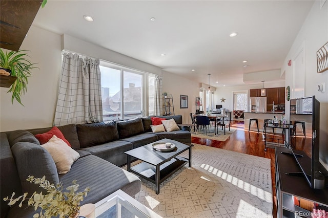 living room with hardwood / wood-style flooring and a healthy amount of sunlight