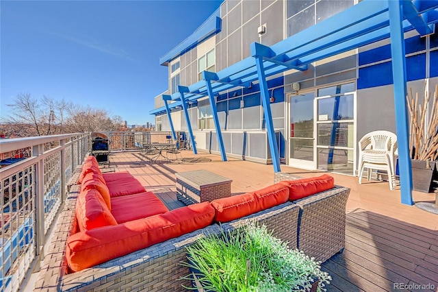 view of patio / terrace featuring an outdoor living space and a pergola