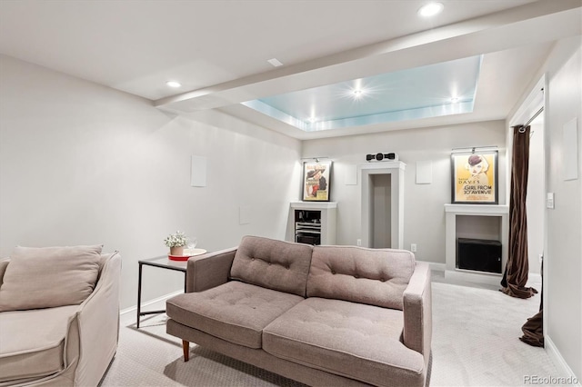 living room featuring light colored carpet and a raised ceiling