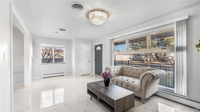 living room featuring marble finish floor, baseboard heating, a baseboard radiator, and visible vents