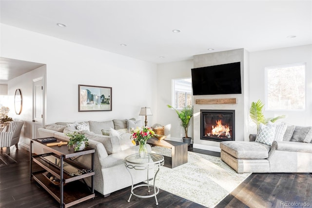 living room with dark hardwood / wood-style flooring and a large fireplace