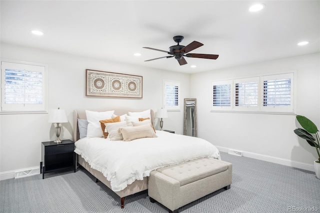 bedroom featuring ceiling fan and carpet flooring