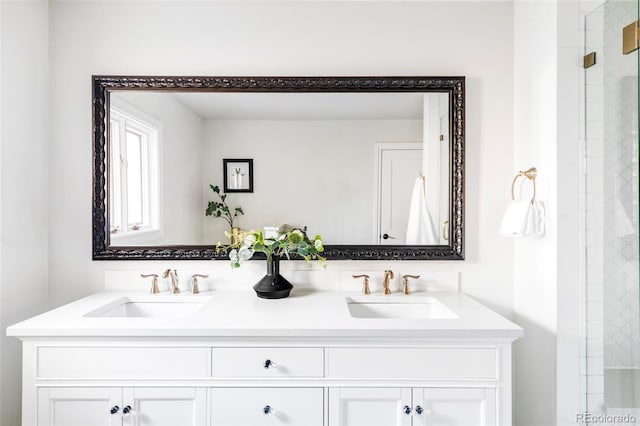 bathroom featuring walk in shower and vanity