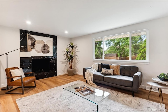 living area with a premium fireplace, baseboards, and wood finished floors