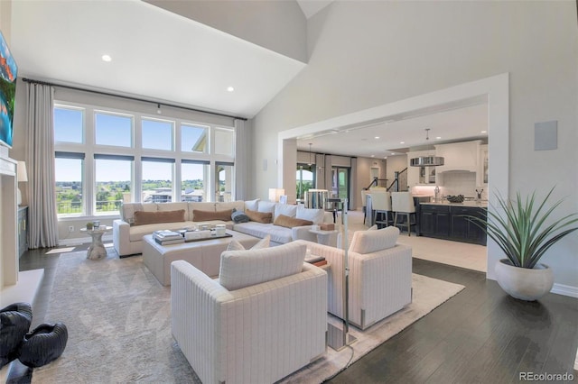 living room with hardwood / wood-style flooring and high vaulted ceiling