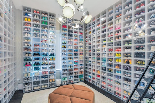 spacious closet featuring carpet floors and an inviting chandelier