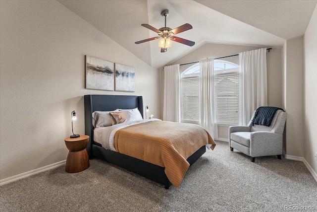 carpeted bedroom with baseboards, a ceiling fan, and lofted ceiling