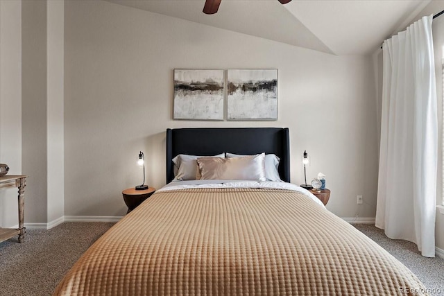 bedroom featuring baseboards, carpet flooring, ceiling fan, and lofted ceiling
