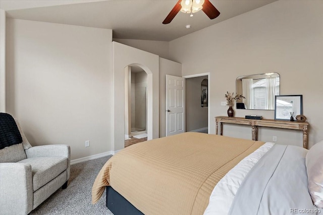 carpeted bedroom featuring arched walkways, baseboards, a ceiling fan, and lofted ceiling