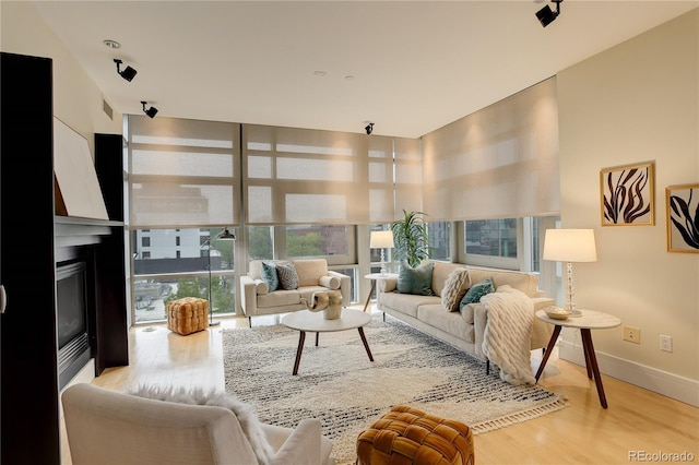 living area with wood finished floors, a glass covered fireplace, and baseboards