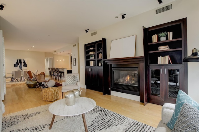 living room with wood finished floors and a glass covered fireplace