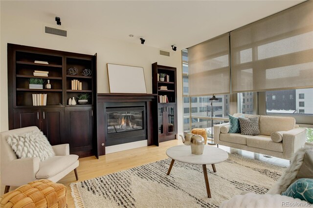 living area featuring a glass covered fireplace, light wood-style floors, and a wall of windows