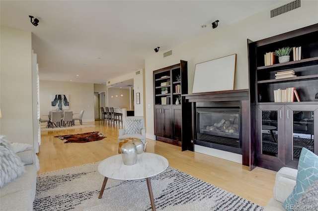 191 Clayton Ln Unit 402, Denver, CO 80206 - living area featuring wood finished floors, built in shelves, and a glass covered fireplace
