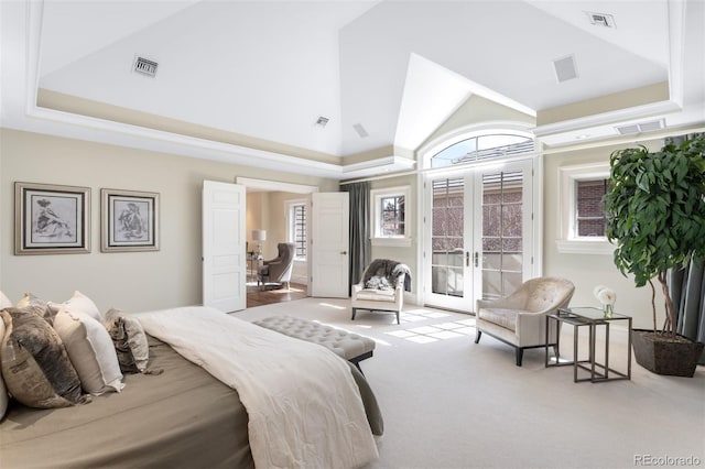 465 Monroe St, Denver, CO 80206 - carpeted bedroom featuring access to exterior, french doors, and high vaulted ceiling