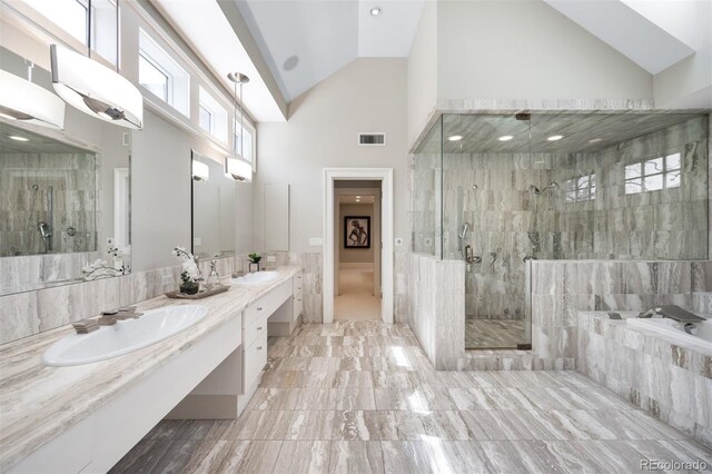 465 Monroe St, Denver, CO 80206 - full bathroom with a stall shower, double vanity, marble finish flooring, and high vaulted ceiling