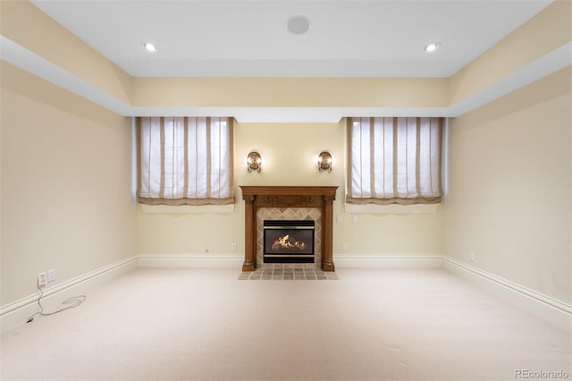 465 Monroe St, Denver, CO 80206 - unfurnished living room featuring plenty of natural light, a fireplace, carpet floors, baseboards, and recessed lighting
