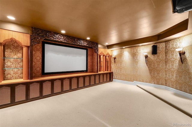 465 Monroe St, Denver, CO 80206 - carpeted cinema room with recessed lighting and wallpapered walls