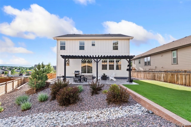 4082 Fortune Ln, Castle Rock, CO 80109 - back of house with a pergola, board and batten siding, a fenced backyard, and a patio area