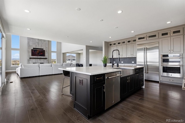 kitchen featuring a sink, dark wood finished floors, appliances with stainless steel finishes, and light countertops