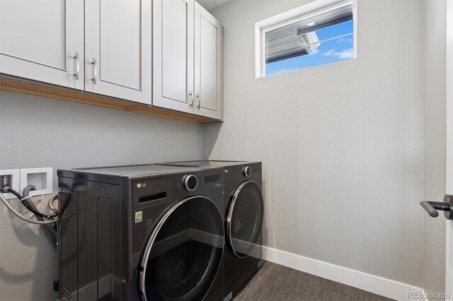 laundry room with baseboards, cabinet space, and washing machine and clothes dryer