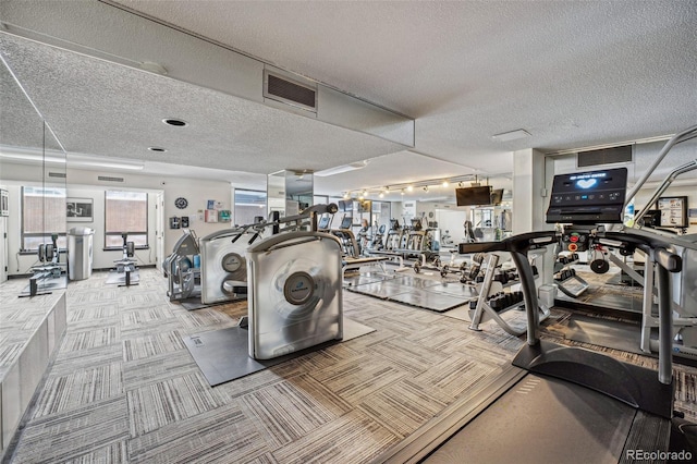 workout area with visible vents, light carpet, and a textured ceiling